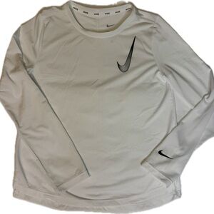 Girls Dri Fit Nike White Long Sleeve Top with Black Swoosh. Size Small